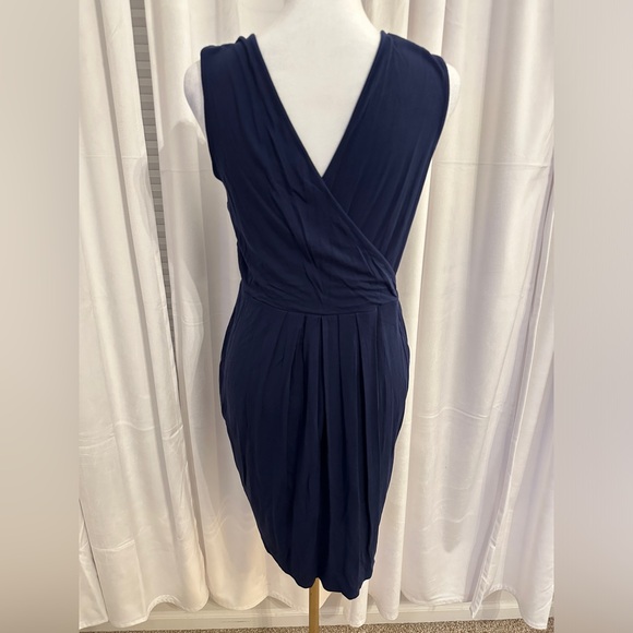 Tart Navy Draped and Pleated V-Neck and V-Back Cocktail Jersey Dress Medium - Picture 2 of 7